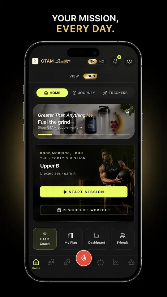 GTAM Sculpt Home screen — your daily mission, quick actions, and supplement shop at a glance