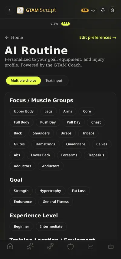 GTAM Sculpt workout tracker logging sets and reps